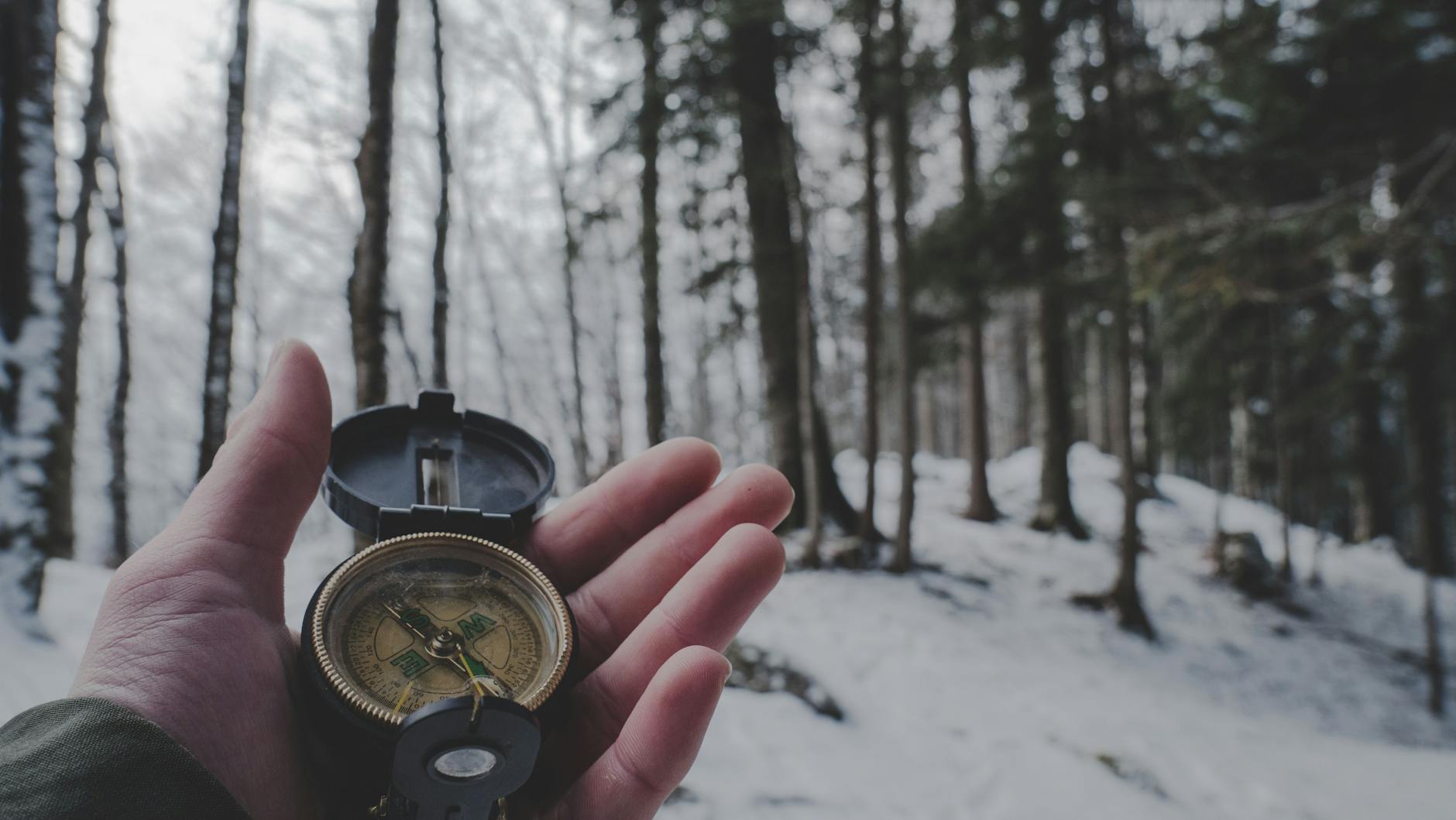 A person in a snowy forest holding a compass.