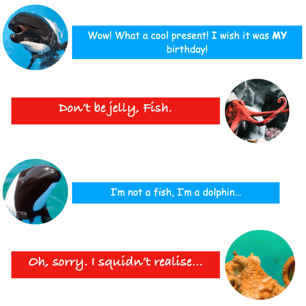 A birthday card featuring a dolphin and octopus and several fish puns.