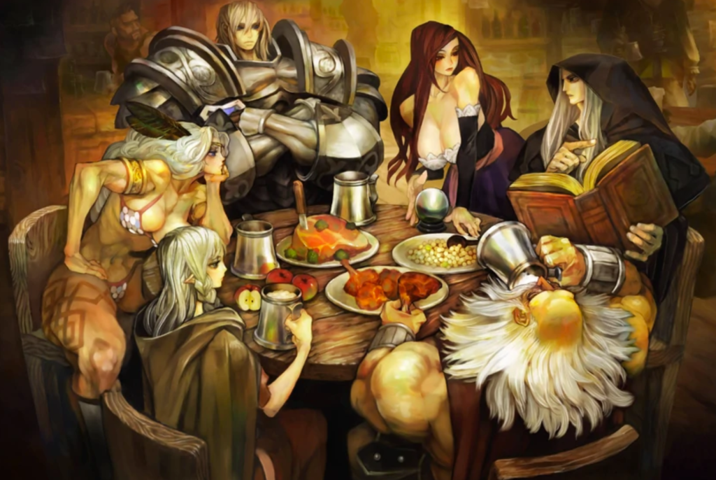 Promotional art for Dragon's Crown, depicting the playable characters around a table.