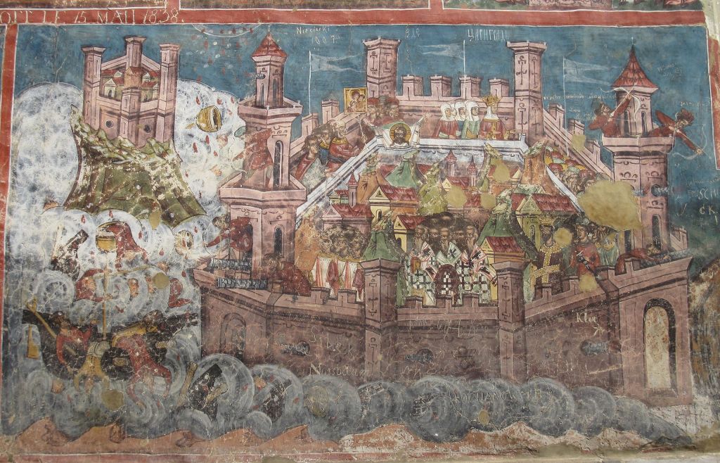 An anachronistic depiction of the 626 siege of Constantinople from Moldoviţa Monastery, Romania.
