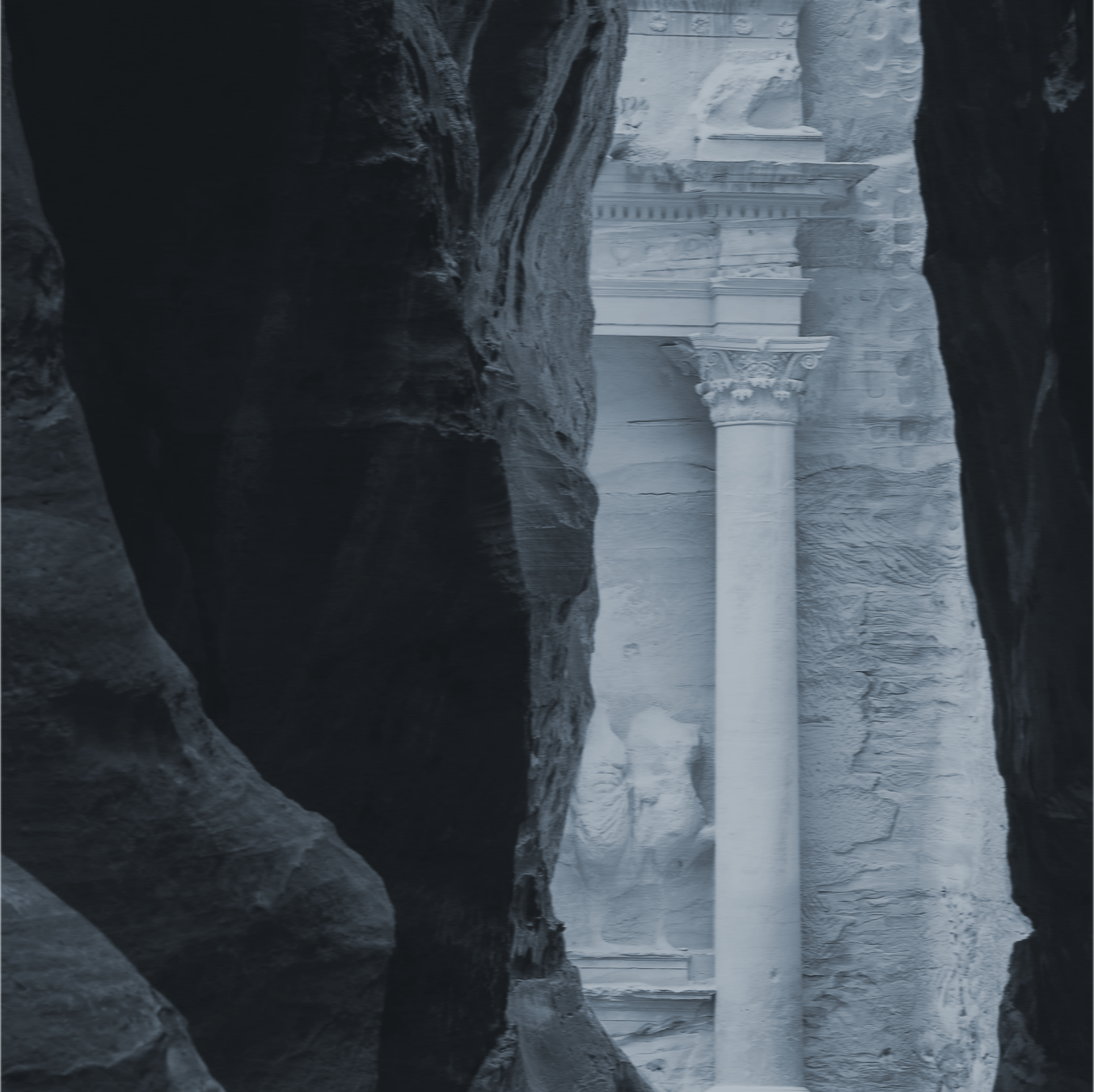 A recoloured picture of the wadi and architecture at Petra.