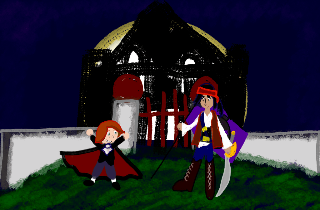 Art of Dunstana Darkstone dressed as a Vampire and Kat Darkstone dressed as pirate.