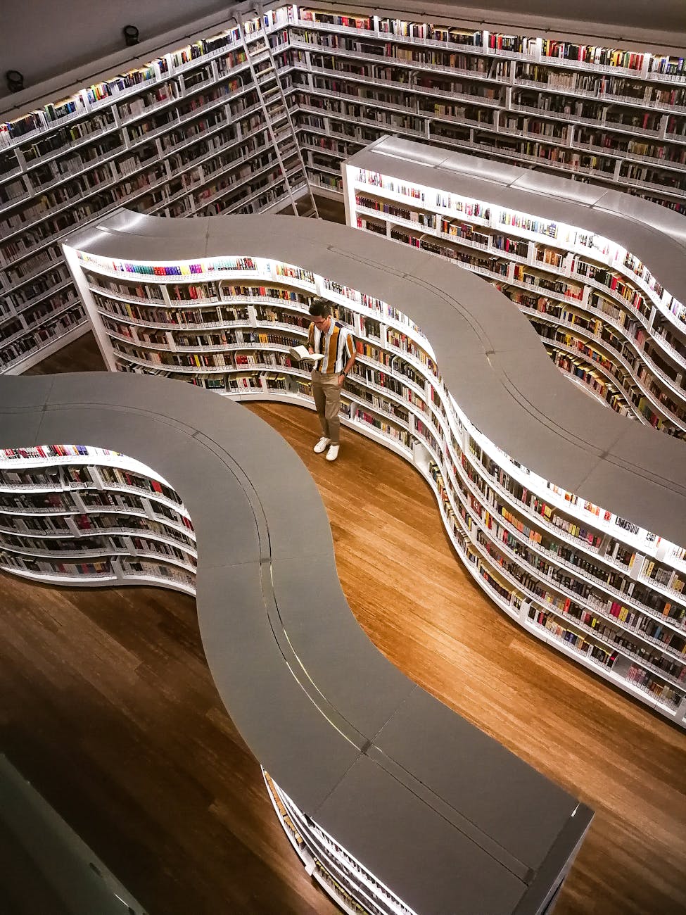 Library shelves from above.