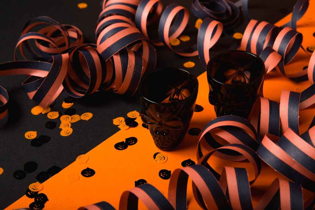 Black and orange Halloween decorations.