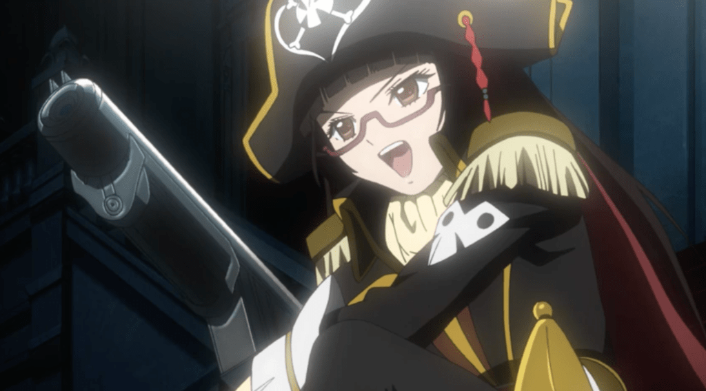 Chiaki from Bodacious Space PIrates, dressed as a pirate and holding a gun.