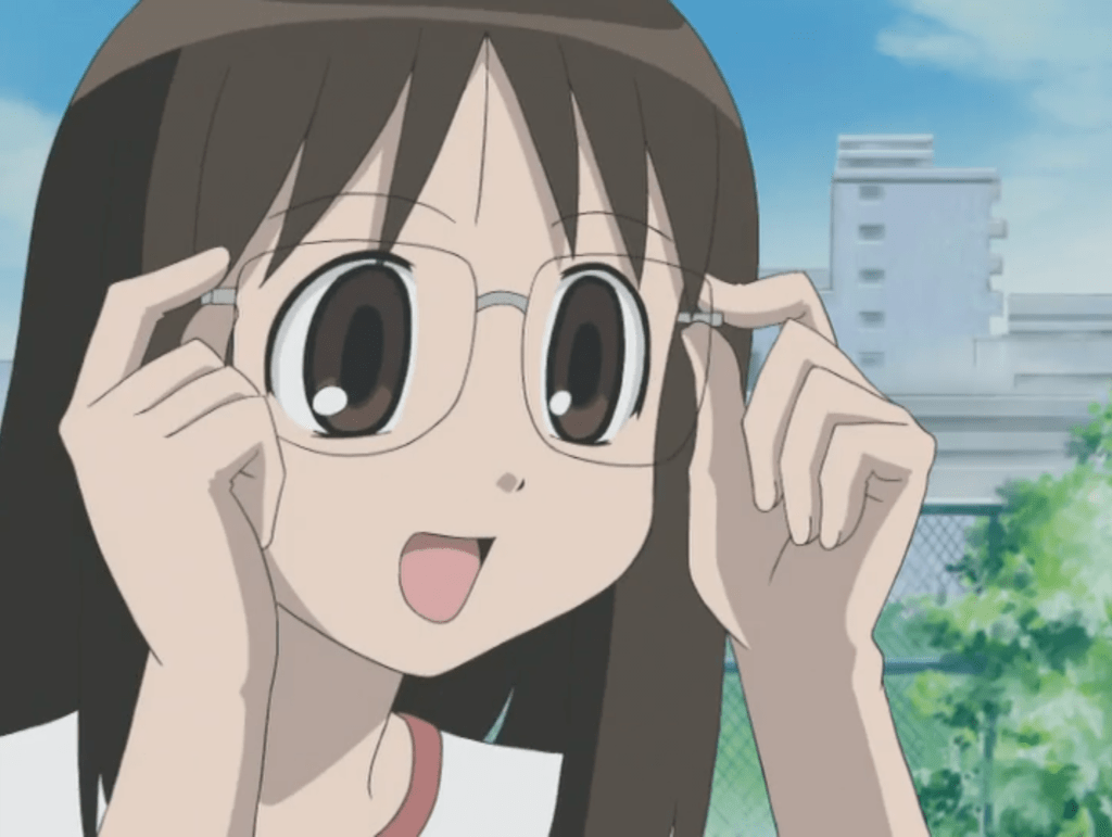 A scene from Azumanga Daioh: Osaka wearing a borrowed pair of glasses.