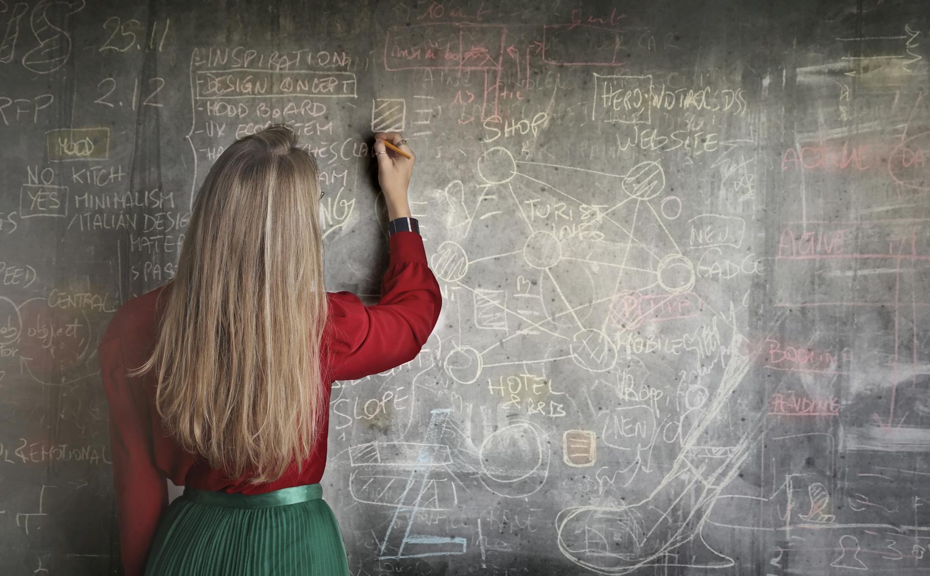 A woman working on a blackboard.