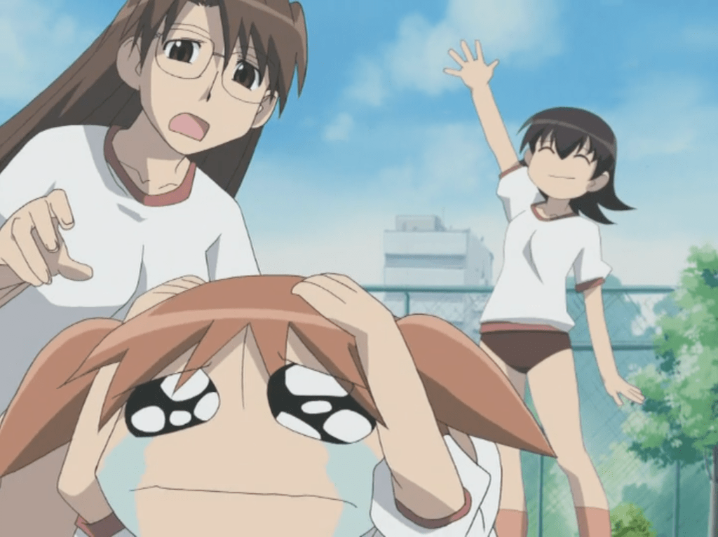 A scene from Azumanga Daioh: Chiyo looking sad as Yomi and Tomo look on.