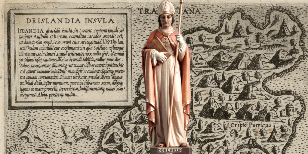 An image of St. Thorlak imposed over an old map of Iceland.