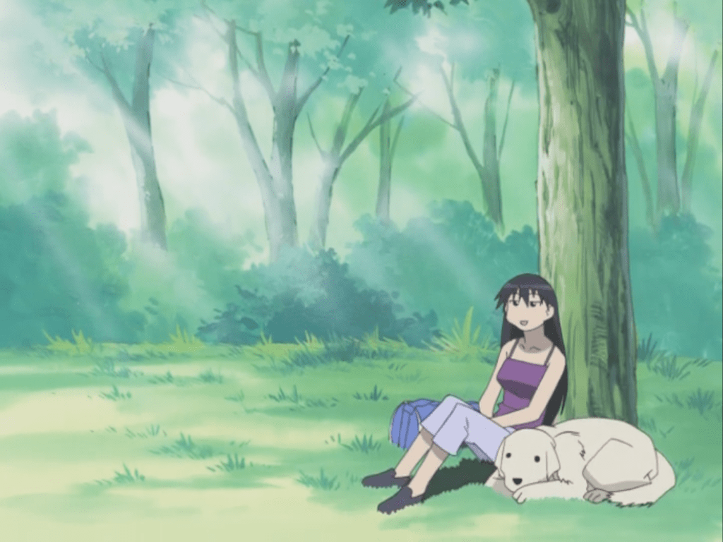 A scene from Azumanga Daioh: Sakaki enjoying spending time with Mr. Tadakichi the dog.