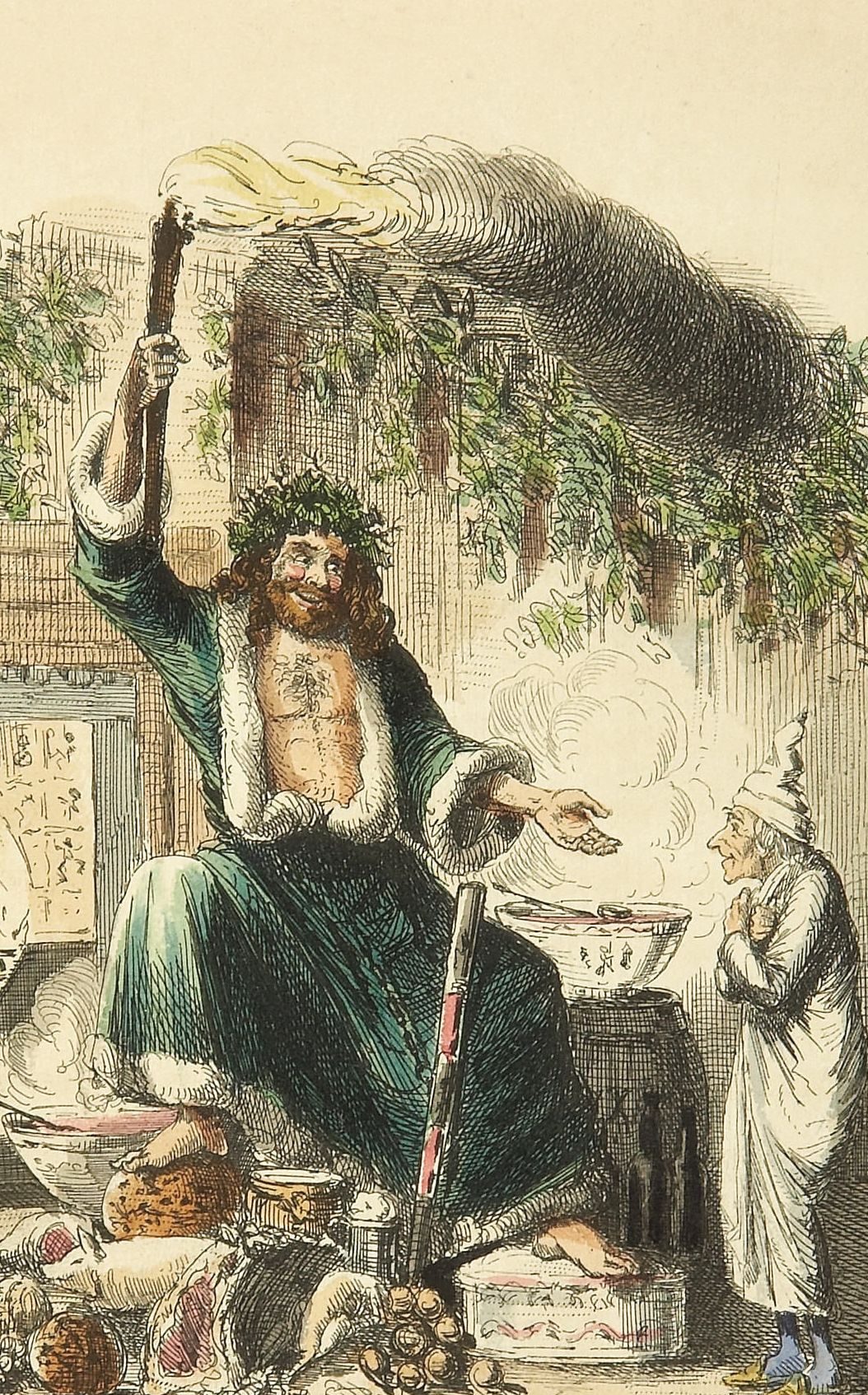 Scrooge and the Ghost of Christmas Present.