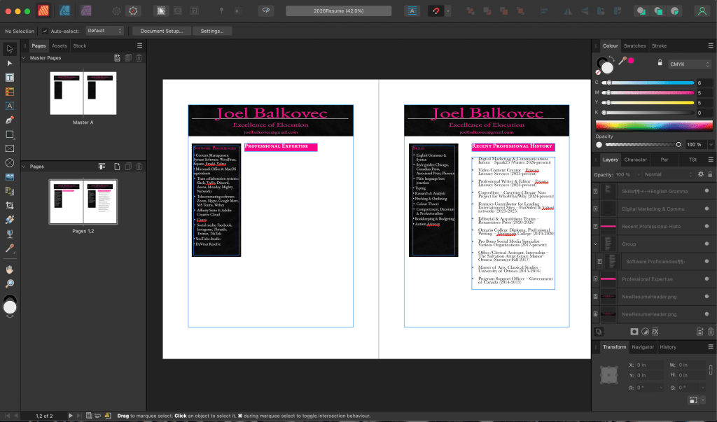 A screencap of an Affinity Publisher document showing an in-progress resume document.