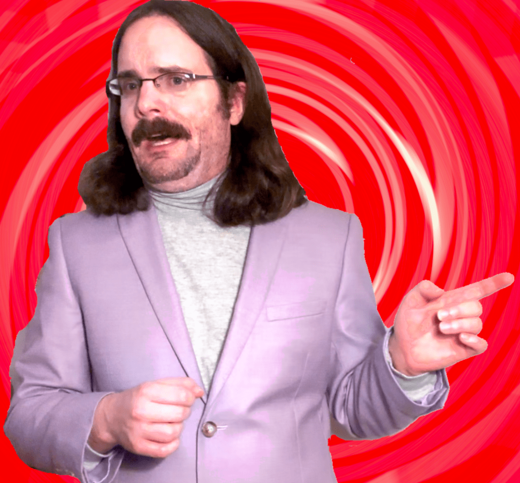 An image of me against a red and white spiralled background.