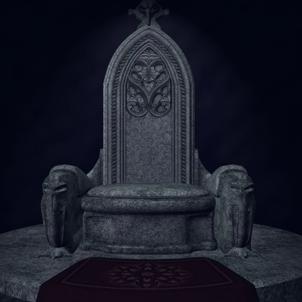 An ornate stone throne against a dark background.