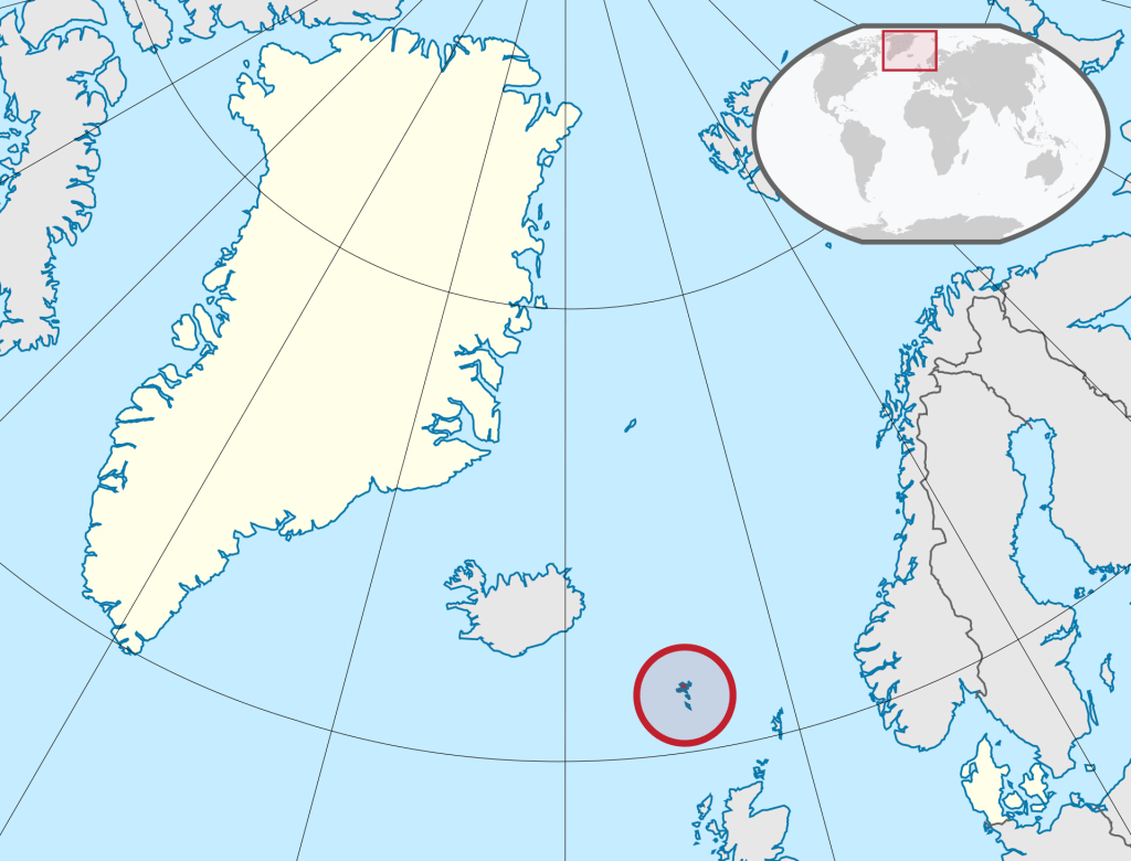 A map highlighting the location of the Faroe Islands between Great Britain and Iceland.