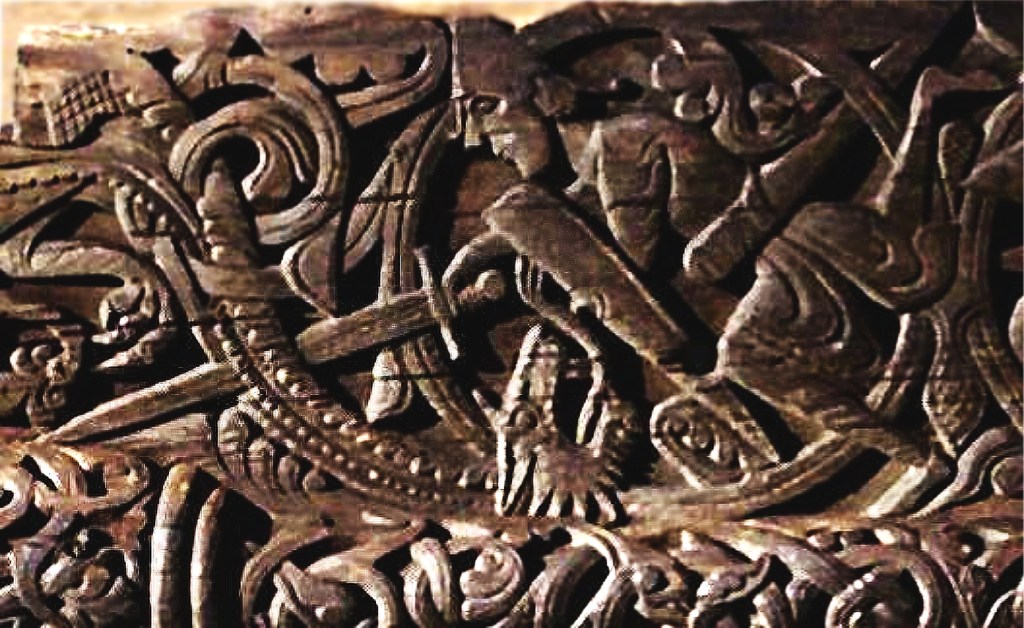 Sigurd slaying Fafnir from the art at the Hylestad Stave Church.