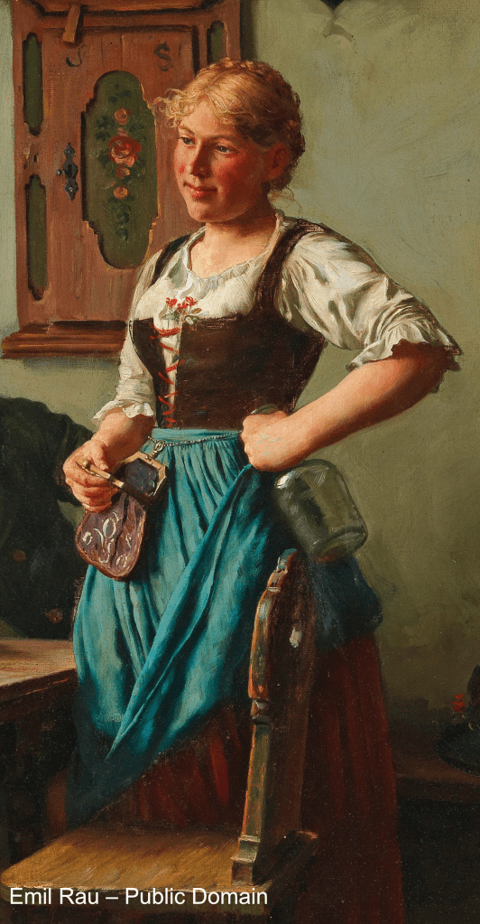 A painting of a barmaid by Emil Rau.