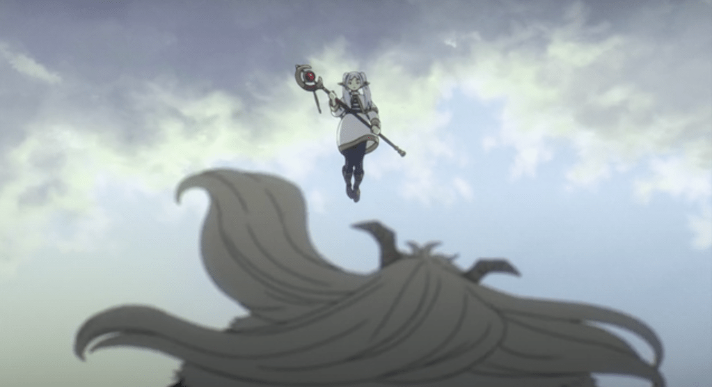 Frieren flying above Qual during their fight scene.