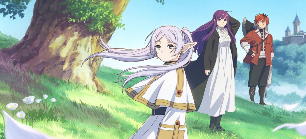 A key visual from 'Frieren: Beyond Journey's End' featuring Frieren, Fern, and Stark