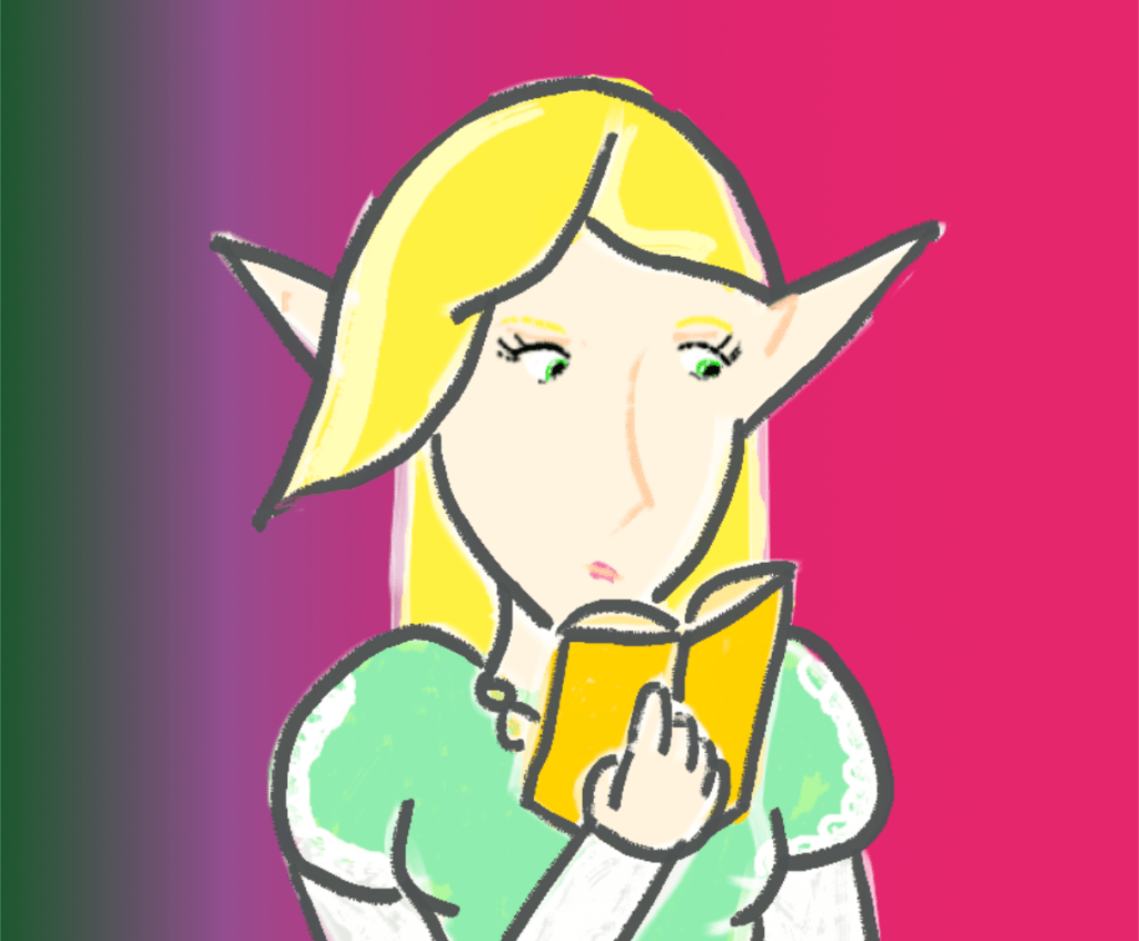 A portrait of Amara Valda, a blonde Elf in green reading a book.