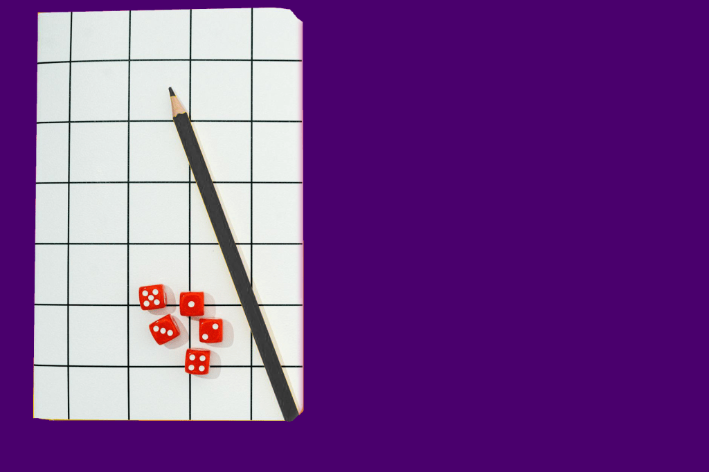A pencil, dice, and grid paper on a purple background.