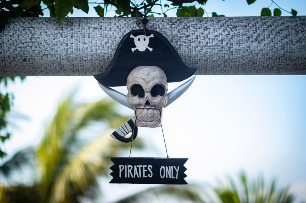 A Jolly Roger with a sign that says 'Pirates Only.'