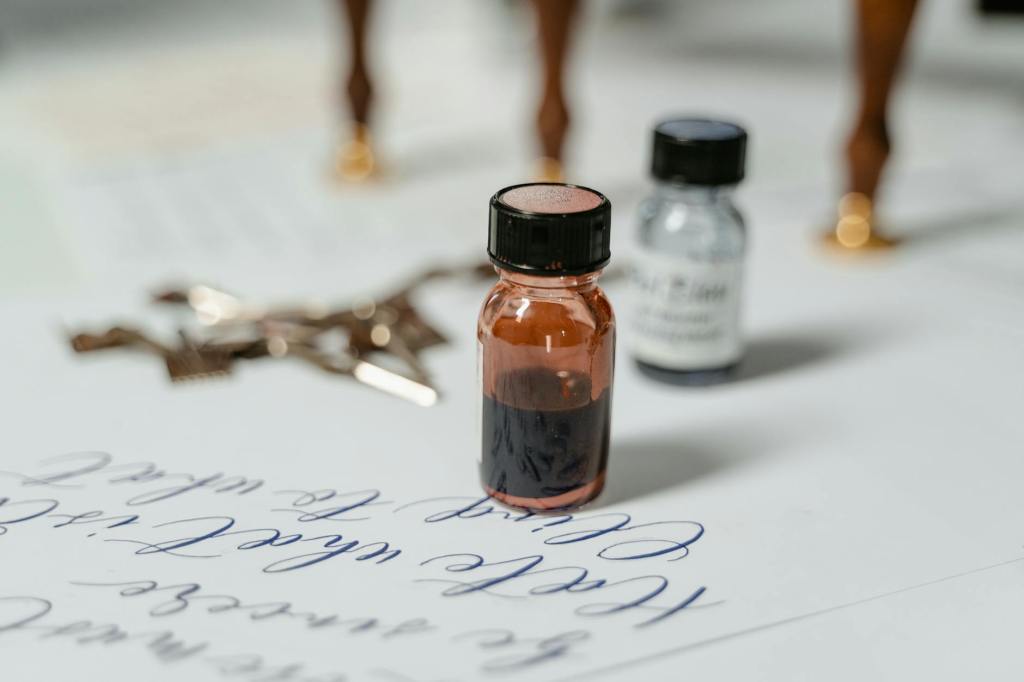 Ink pots on a page of paper.