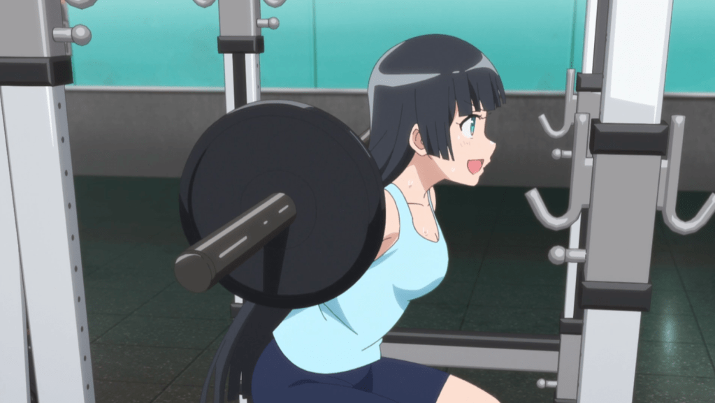 Akemi from "How Heavy Are the Dumbbells You Lift?" squatting weights.