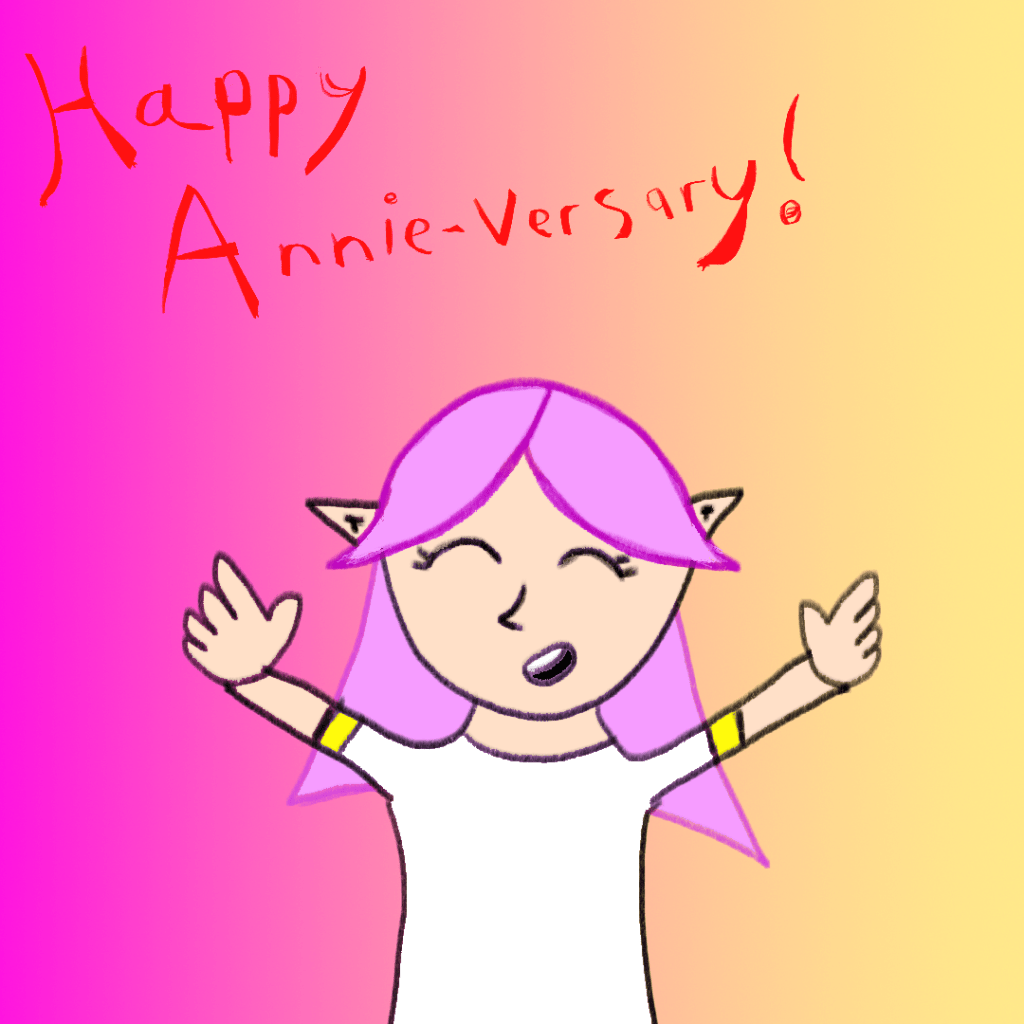 A jubilant Annie Darkstone saying Happy Annie-versary.