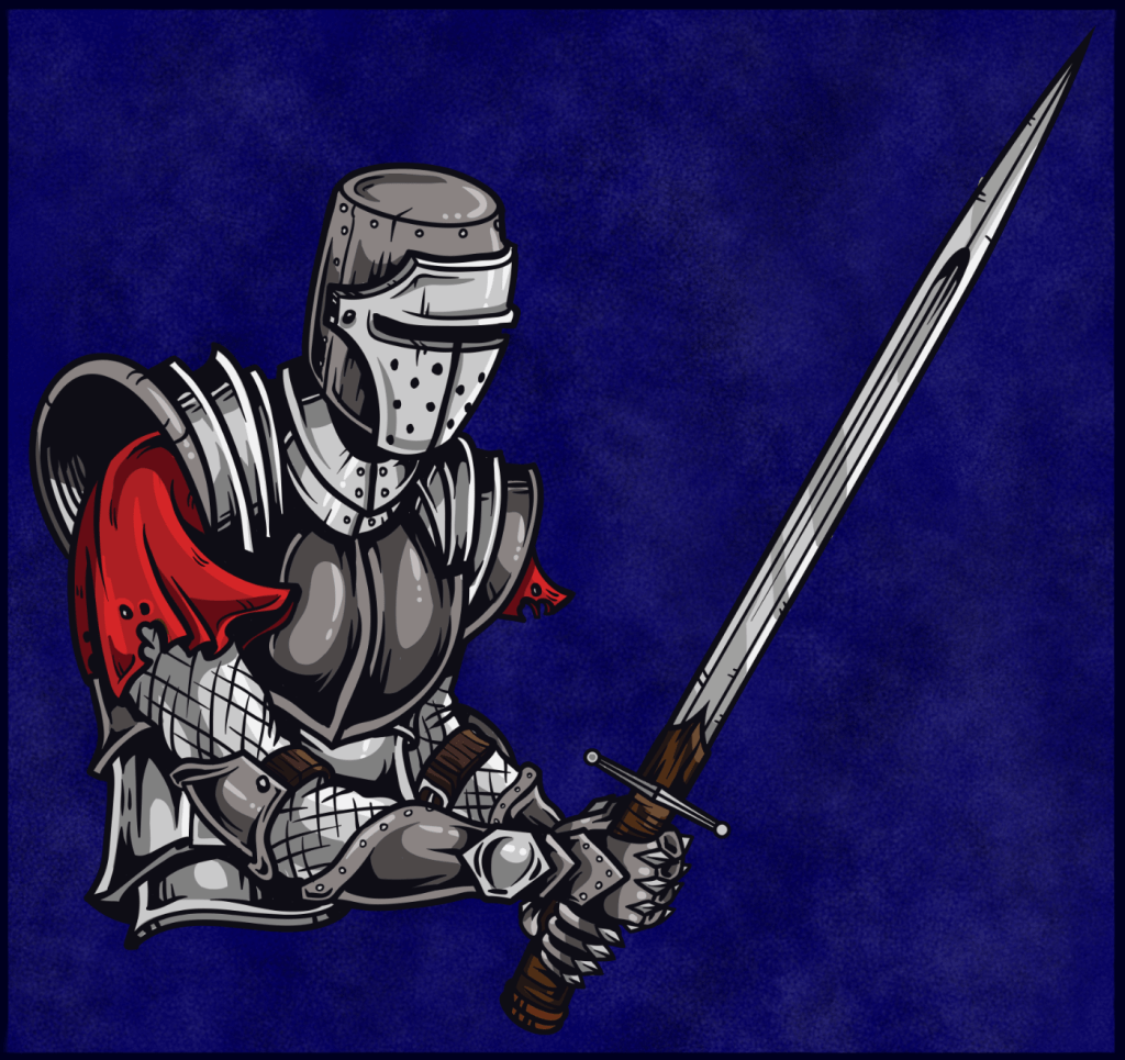 An armoured torso without legs holding a sword