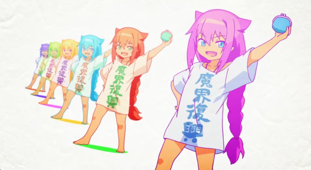 A line of multi-coloured Jahys in the title sequence of "The Great Jahy Will Not Be Defeated!"