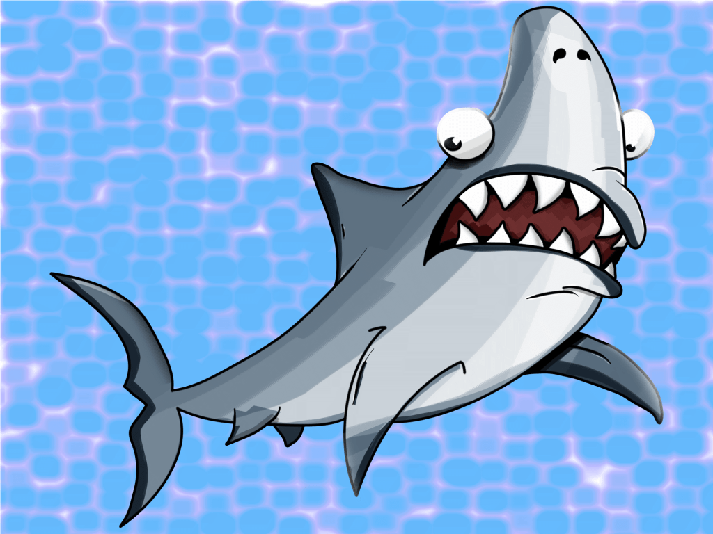 A cartoon shark over a water effect background.