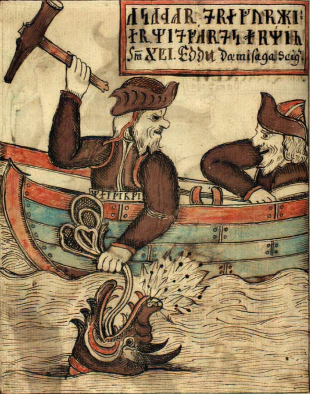 Thor battling the Midgard Serpent in an Icelandic Manuscript.