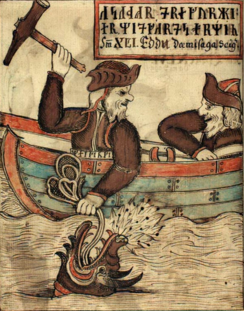 Thor battling the Midgard Serpent in an Icelandic Manuscript.