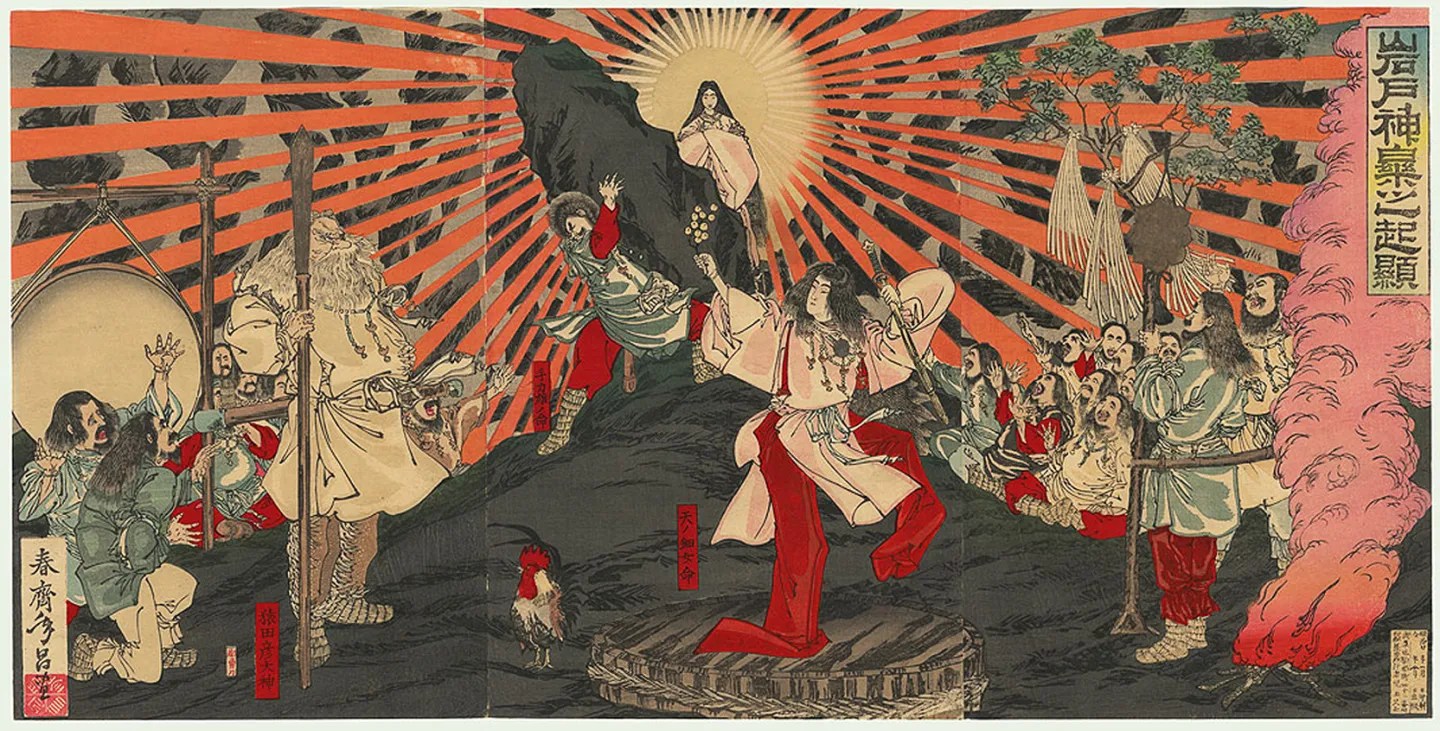 A Japanese ukiyo-e print depicting Amaterasu emerging from her cave as the other gods have a party.