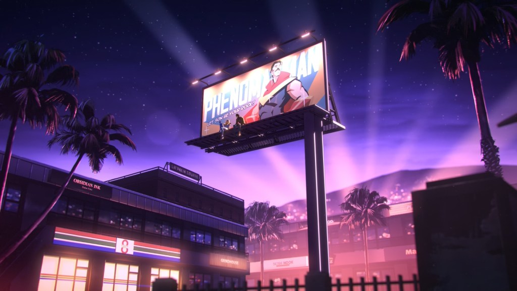 Blonde Blazer and Robert sitting on a billboard in "Dispatch."