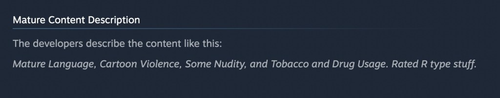 The content warning for Dispatch from the game's Steam page: "Mature Content Description
The developers describe the content like this: Mature Language, Cartoon Violence, Some Nudity, and Tobacco and Drug Usage. Rated R type stuff."
