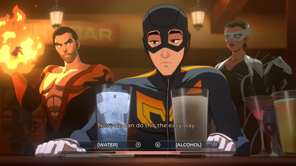 A screenshot from "Dispatch" – Robert contemplating what to splash Flambae with.