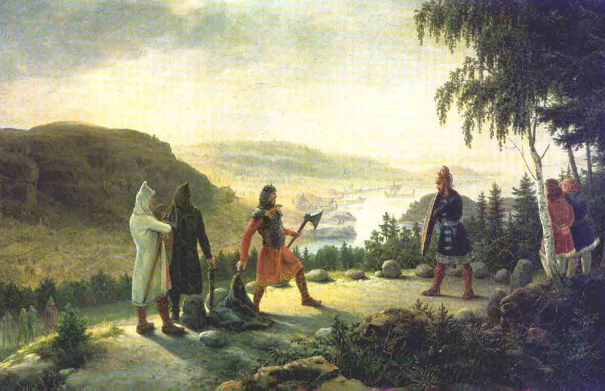 Two viking warriors preparing to duel.