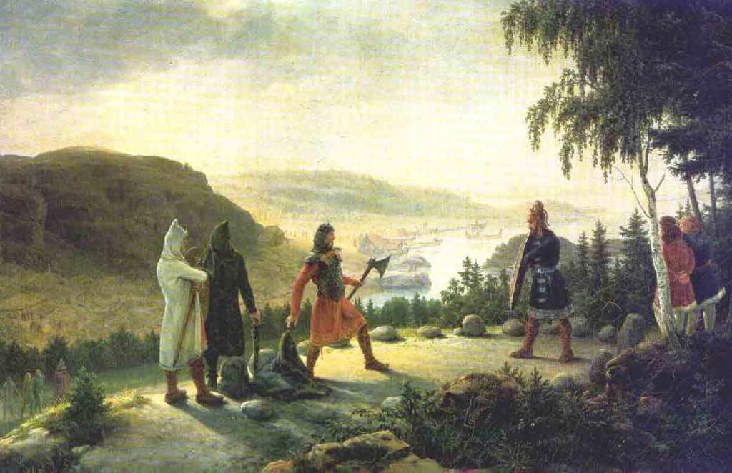Two viking warriors preparing to duel.