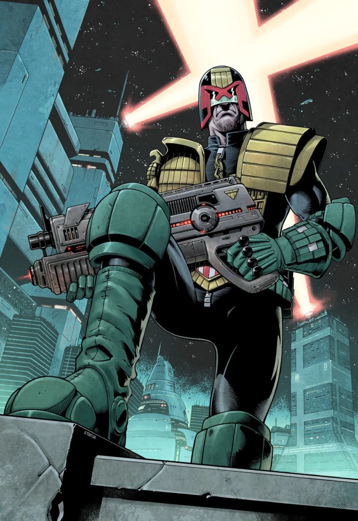 Comic book art of Judge Dredd.
