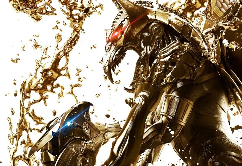 Set and Horus fighting in the guise of robots that appear to be melting from Gods of Egypt.
