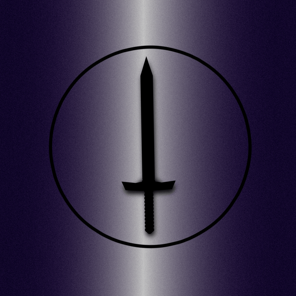 A graphic of a sword in a circle on a purple and silver background.
