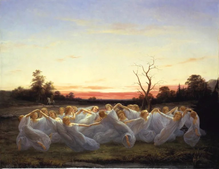 The painting 'Meadow Elves' – Elves dancing in a circle.
