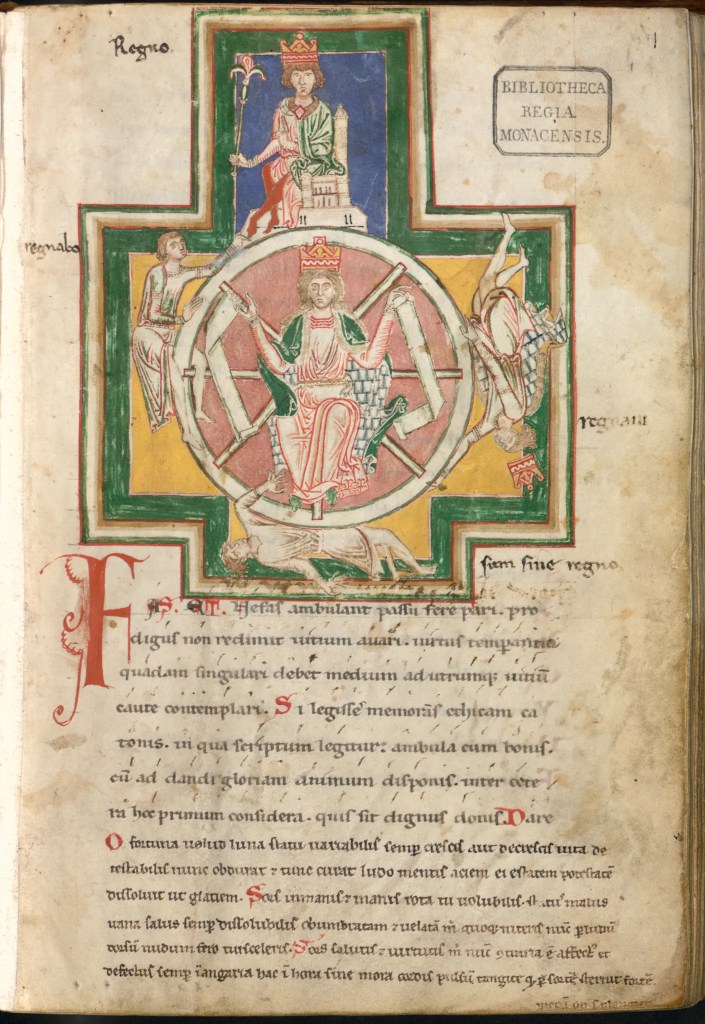 A manuscript page depicting Fortune's Wheel.