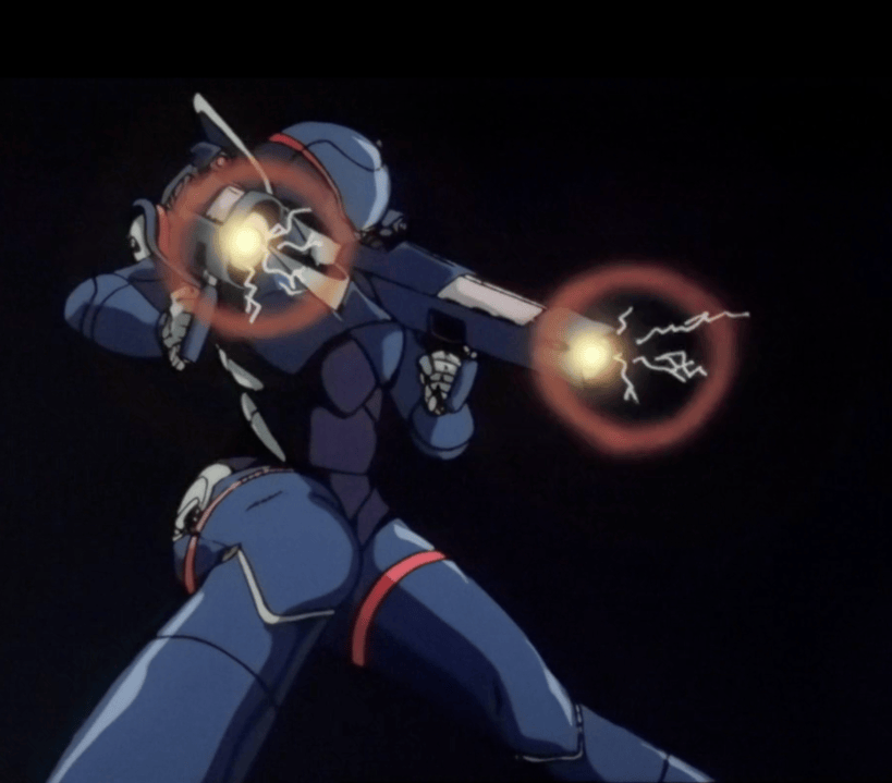 Priss in her hardsuit engaged in combat in 'Bubblegum Crisis.'