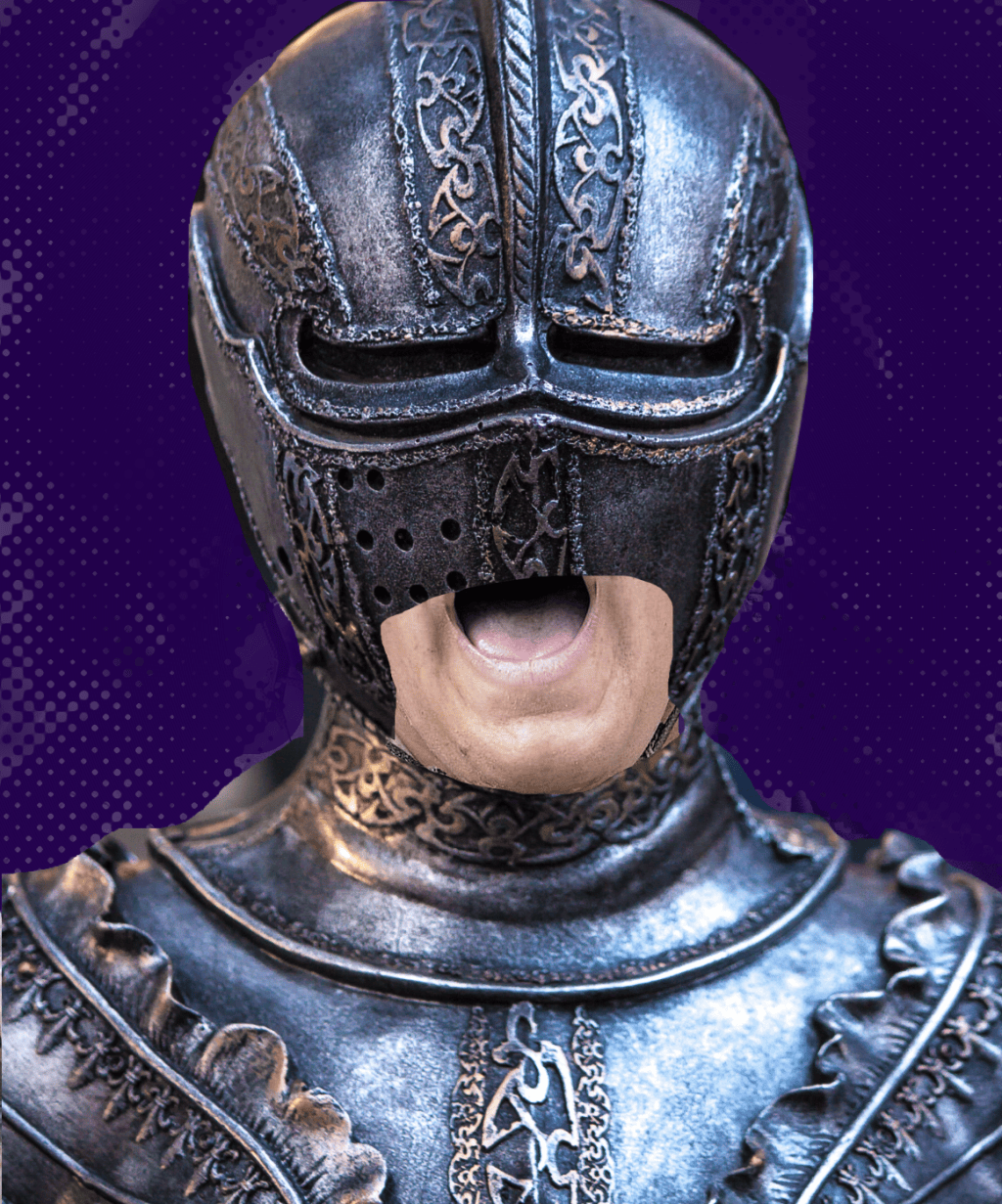 A man wearing armor that covers everything but the bottom of his face.