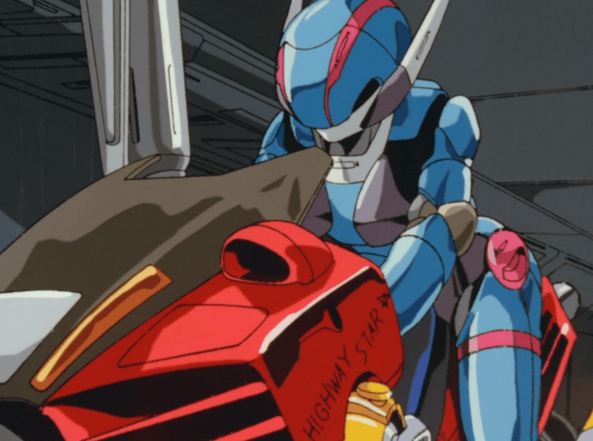 Priss in her hardsuit on a motorcycle in 'Bubblegum Crisis.'
