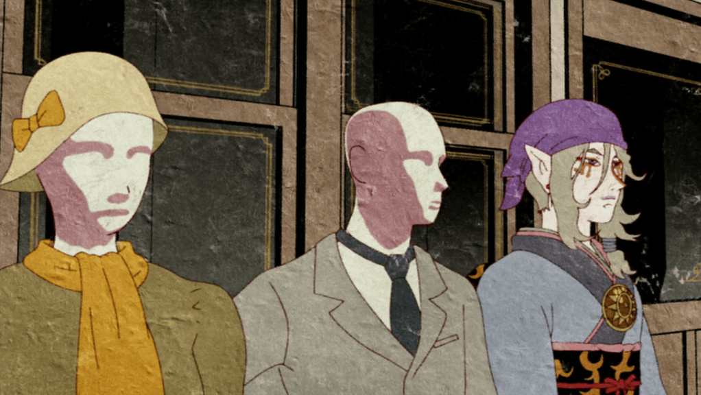 The Medicine Seller from Mononoke on a train with several faceless background characters.