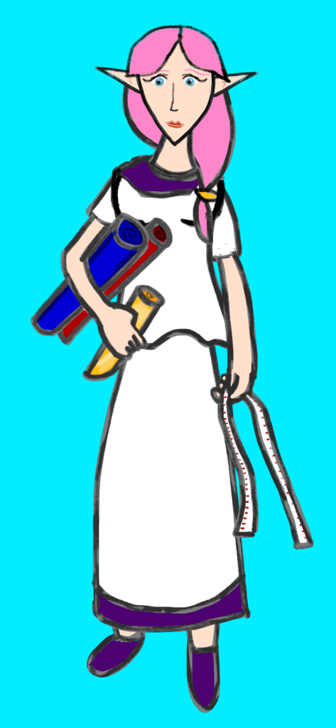 Art of Peri Darkstone an Elf holding swatches of fabric and a measuring tape.